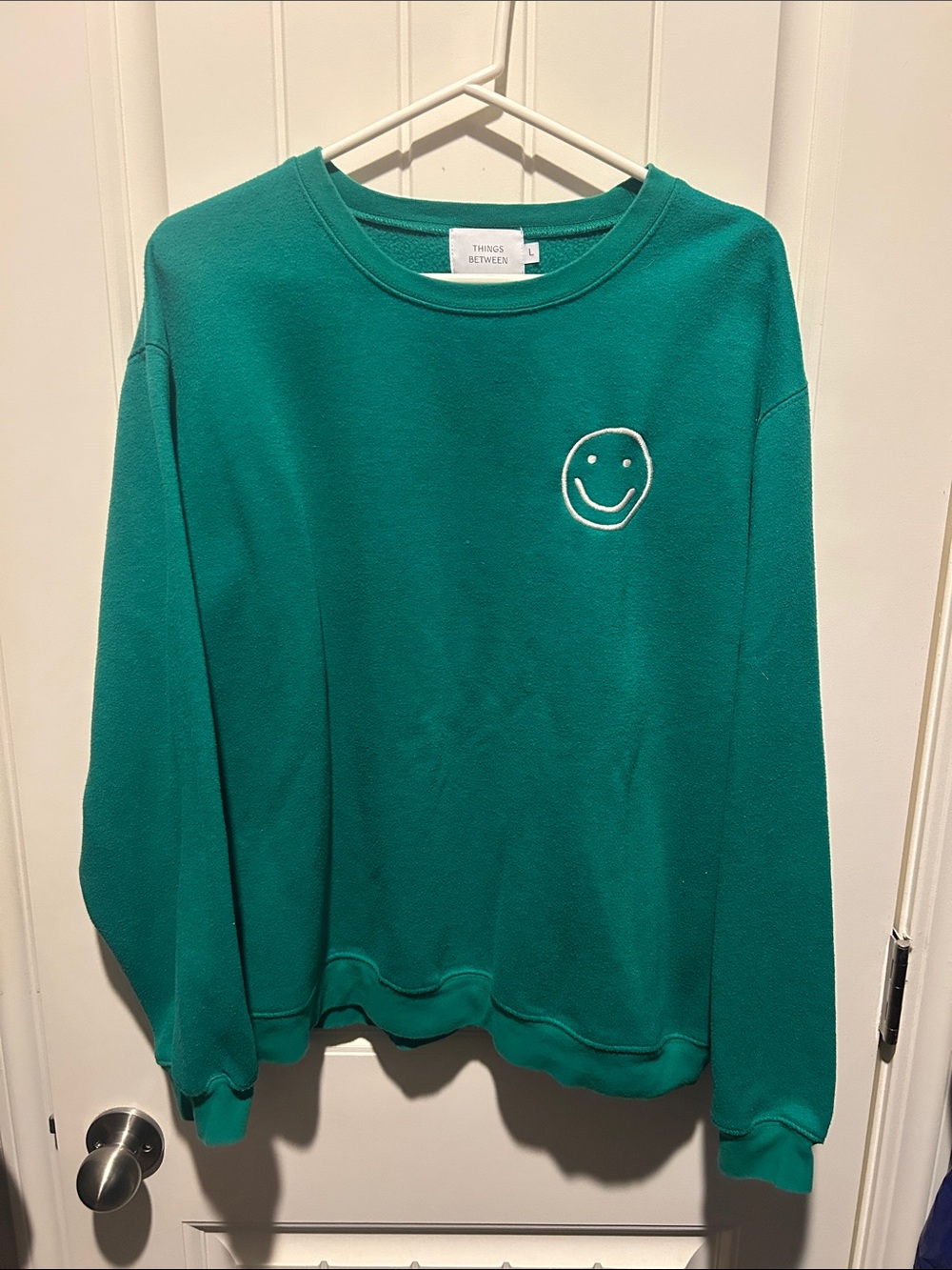Things By Eileen Teal Crewneck Sweater with Smiley Embroidery